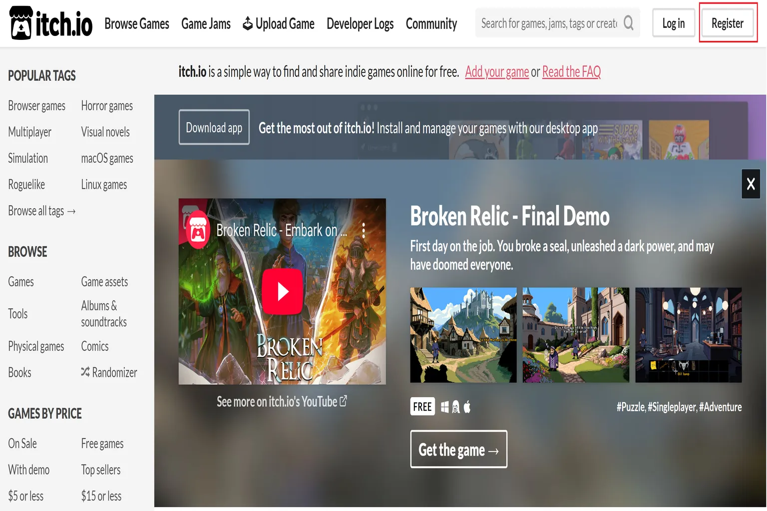 itch.ioのホーム画面に、人気ゲームの広告と登録ボタンの位置が表示されている。