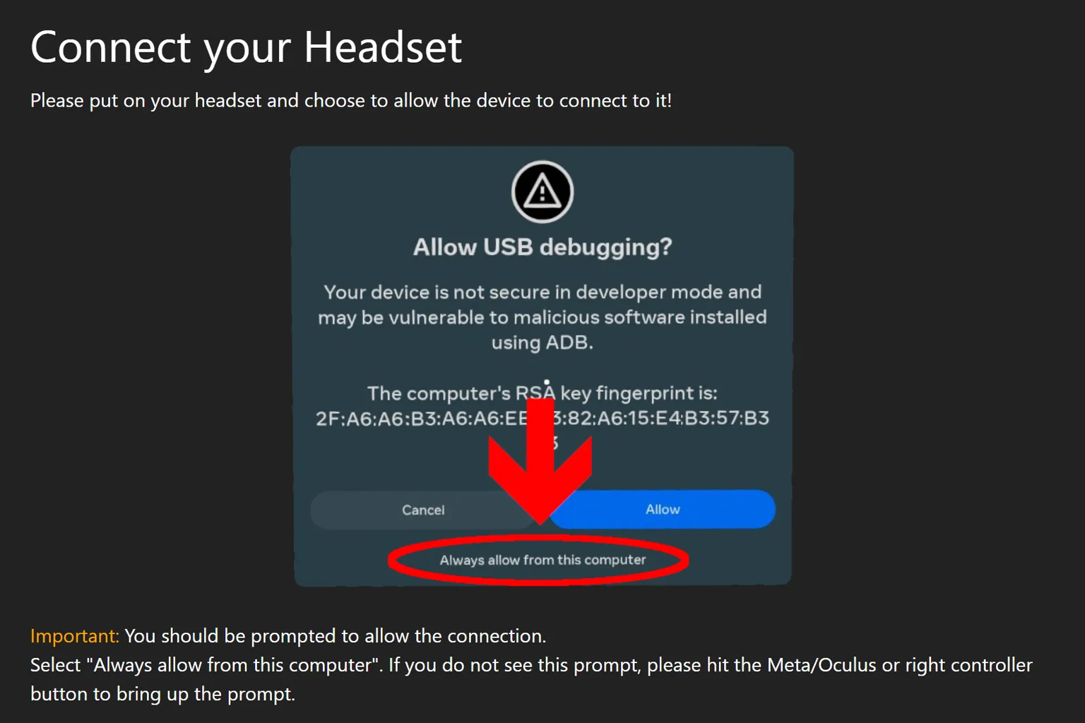 英語版のUSBデバッグ許可画面で、「Always allow from this computer(このコンピュータからの接続を常に許可)」を選ぼう。