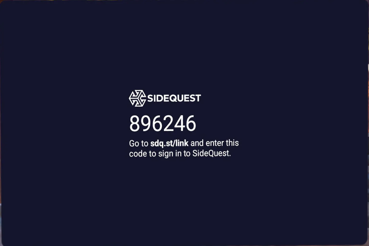 SideQuestが接続用の6桁認証コードを表示し、「sdq.st/link にアクセスして入力してください」とユーザーに案内しているよ。