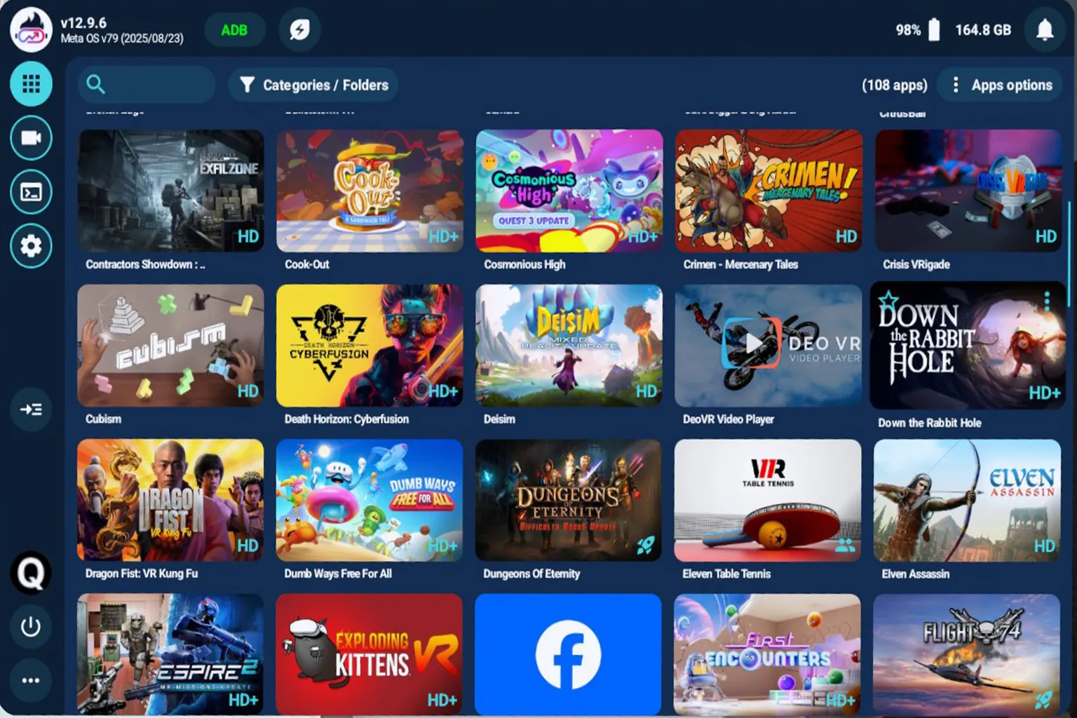QGO がすべてのアプリとゲームのアイコンを一覧表示し、右下には HD モードや有効化状態を示すマークが付いている。