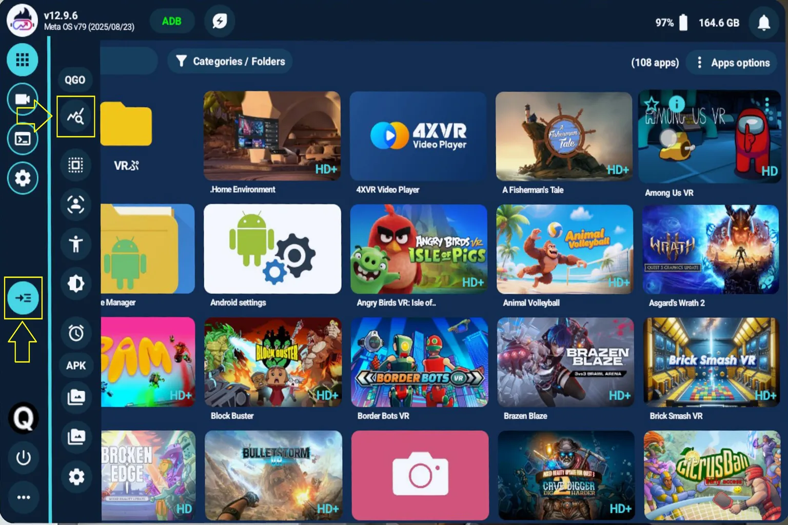 QGO のツールバーで OVR パフォーマンスモニターを有効化し、画面左側のアイコンに監視機能が起動中であることが表示されている。
