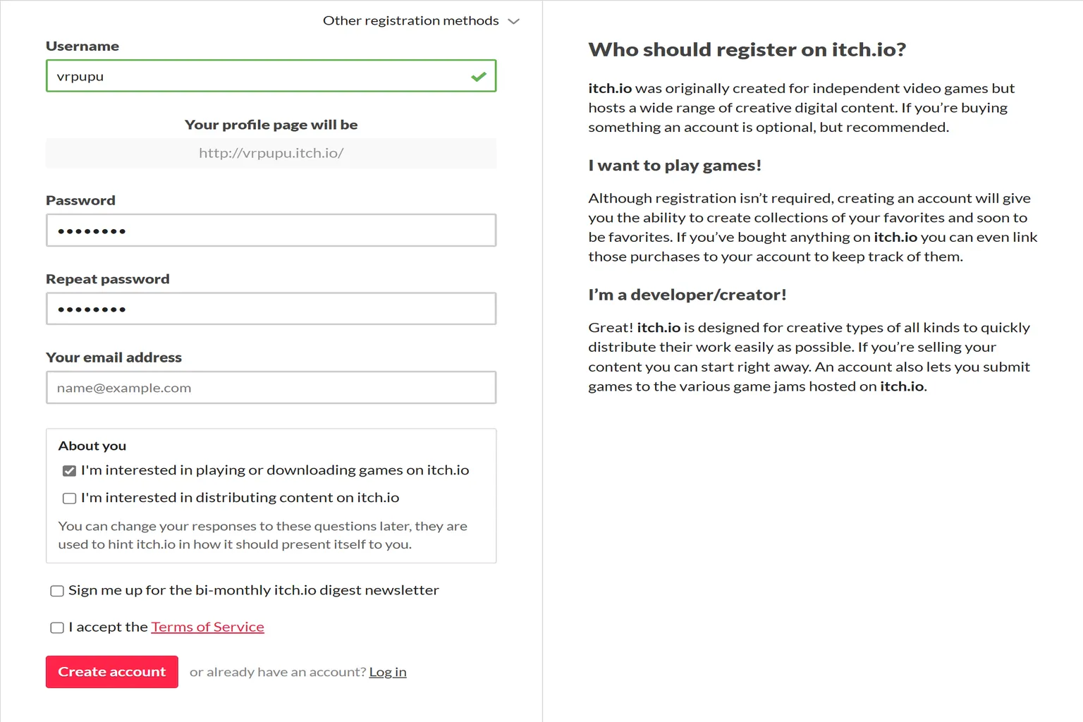 itch.ioの登録ページで、アカウント名、パスワード、メールアドレスなどの情報を入力する欄が表示されている。