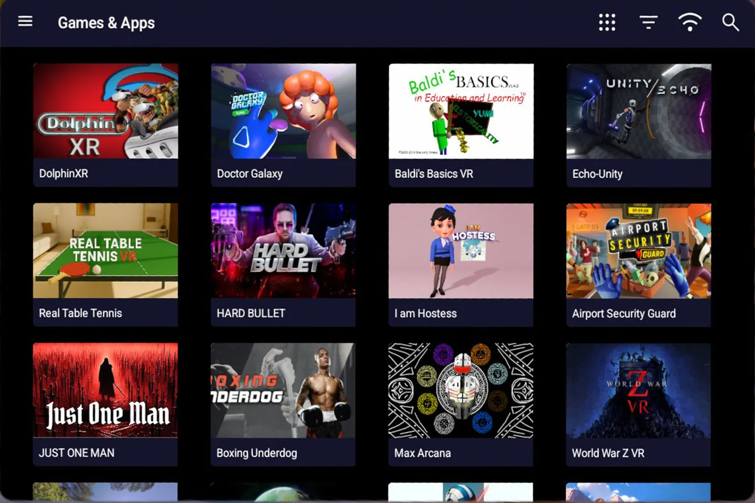 SideQuestのゲームライブラリ画面には、インストール可能な非公式ゲームがたくさんリストアップされているよ。