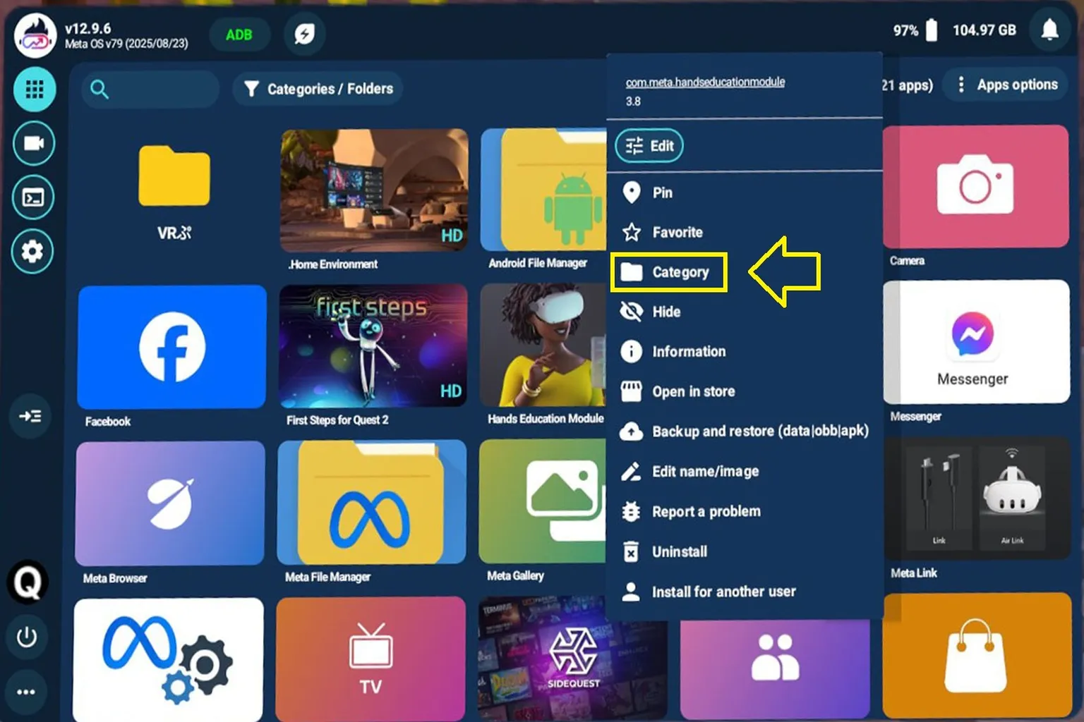アプリメニューからゲームをカテゴリに割り当て、指定したフォルダ内に分類している。