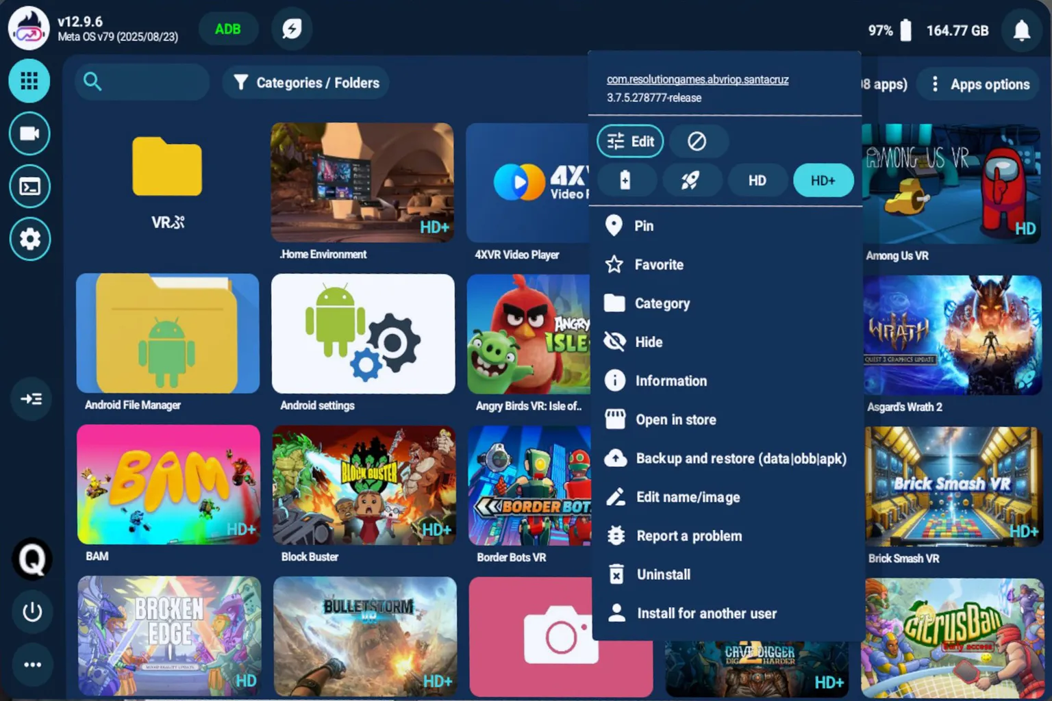 QGO のゲーム管理メニューが開かれ、ラベル編集、カテゴリ分け、アンインストールなどのオプションが表示されている。