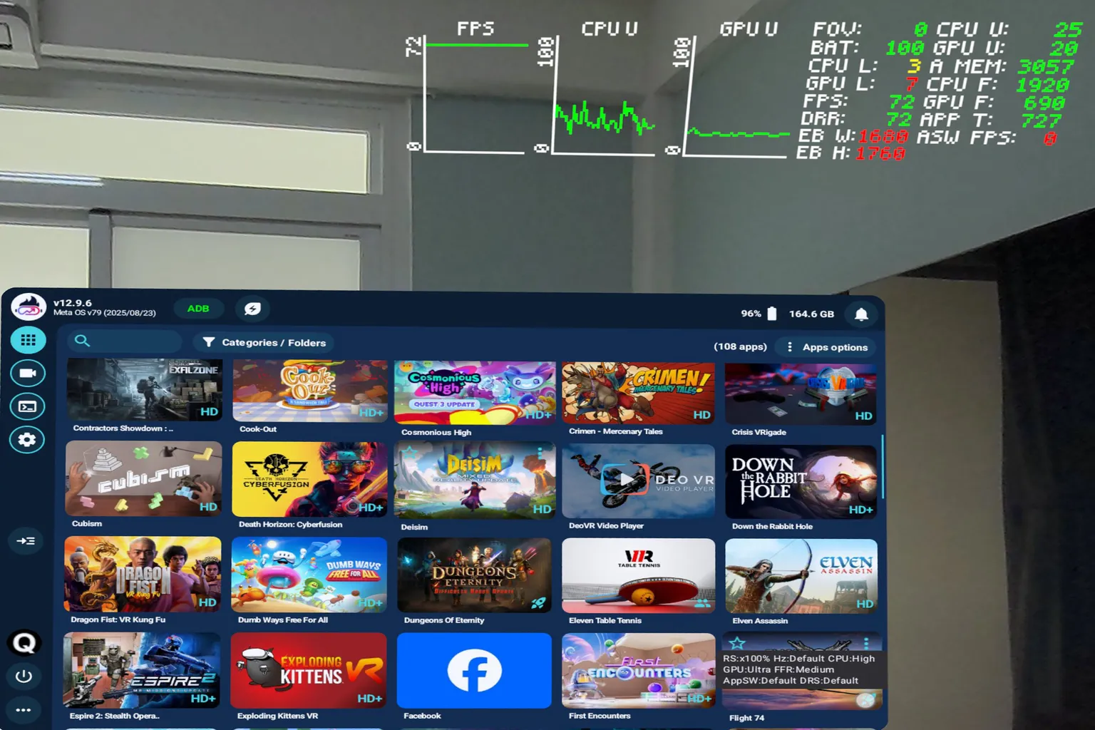 QGO でパフォーマンスモニターを有効化すると、画面上部に FPS、CPU、GPU のリアルタイム性能データグラフが表示される。