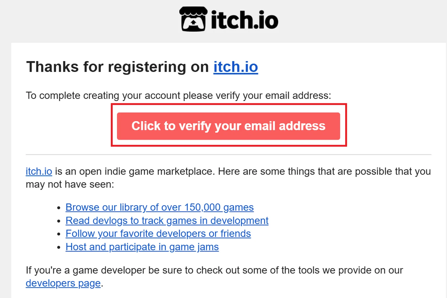 itch.ioから送られてきた登録確認メールに、メールアドレスを認証するための赤いボタンが含まれている。