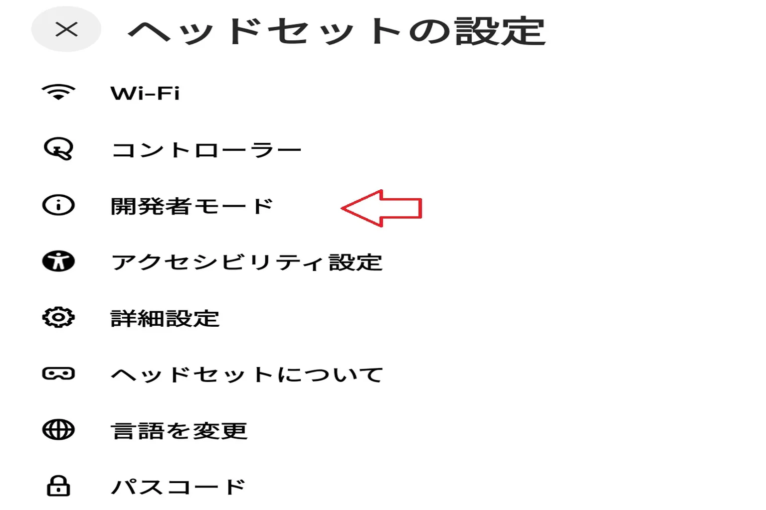ヘッドセット設定の中で「開発者モード」の項目をタップしよう。