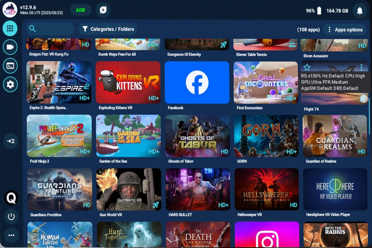 QGO がアプリ高速化を有効化した情報を表示し、解像度・リフレッシュレート・GPU 設定などの内容が確認できる。