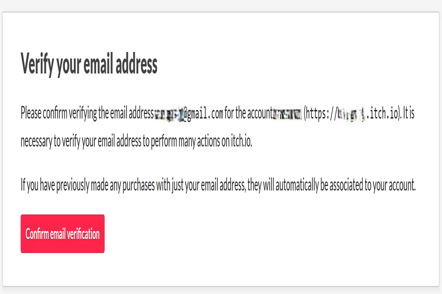 itch.ioのメール認証完了画面に、アカウント確認とメールアドレス情報が表示されている。
