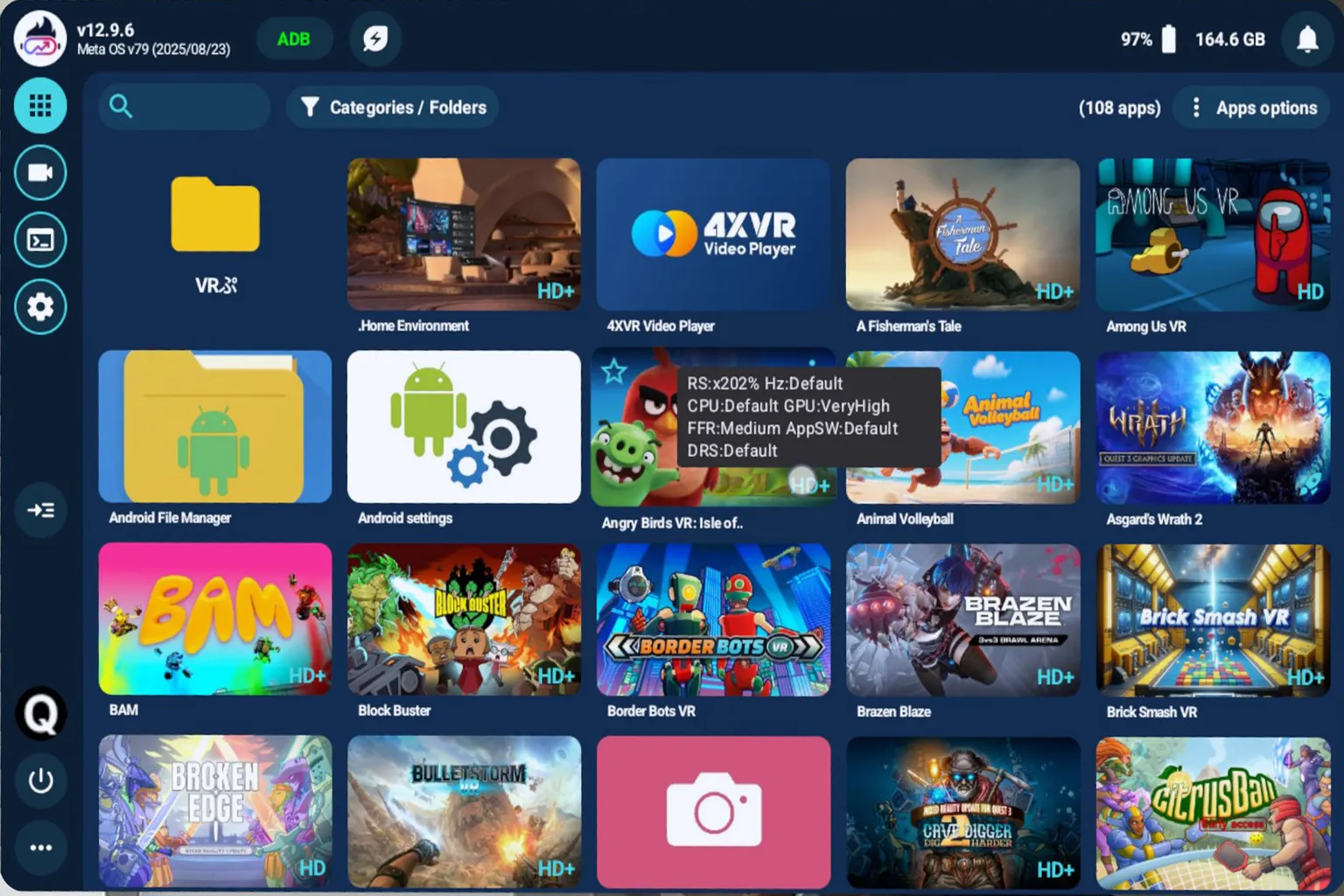 QGO のゲーム管理メニューが開かれ、ラベル編集、カテゴリ分け、アンインストールなどのオプションが表示されている。