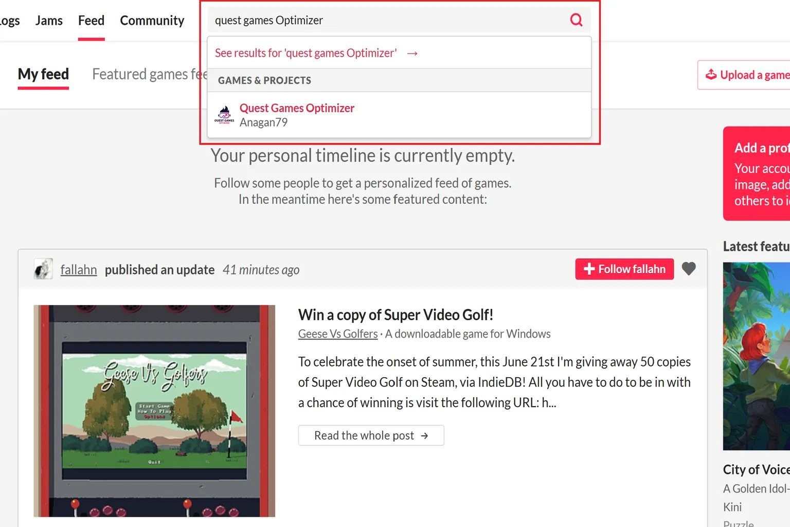 itch.ioで「Quest Games Optimizer」を検索した際の検索結果一覧が表示されている。