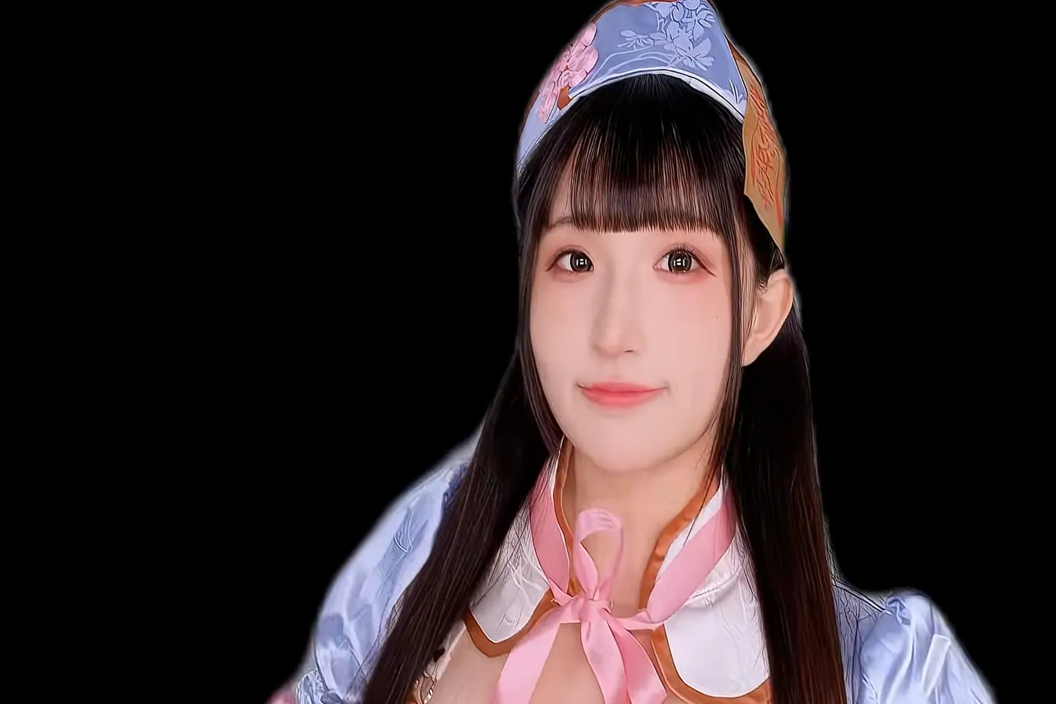 中国風の衣装を着たキャラクターが真っ黒な背景の前に立っていて、衣装の細部や人物の輪郭まではっきり見えるよ。