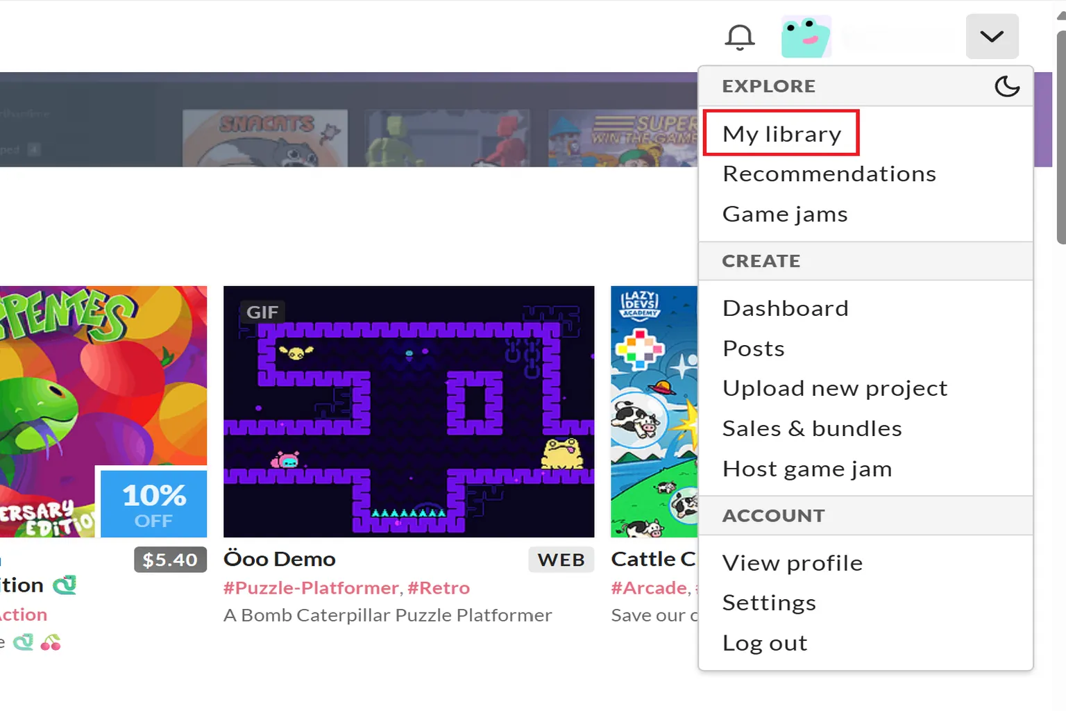 itch.io にログインしたら、右上のアカウントメニューから 「My Library」 をクリックし、所有しているゲームのライブラリページに進もう。