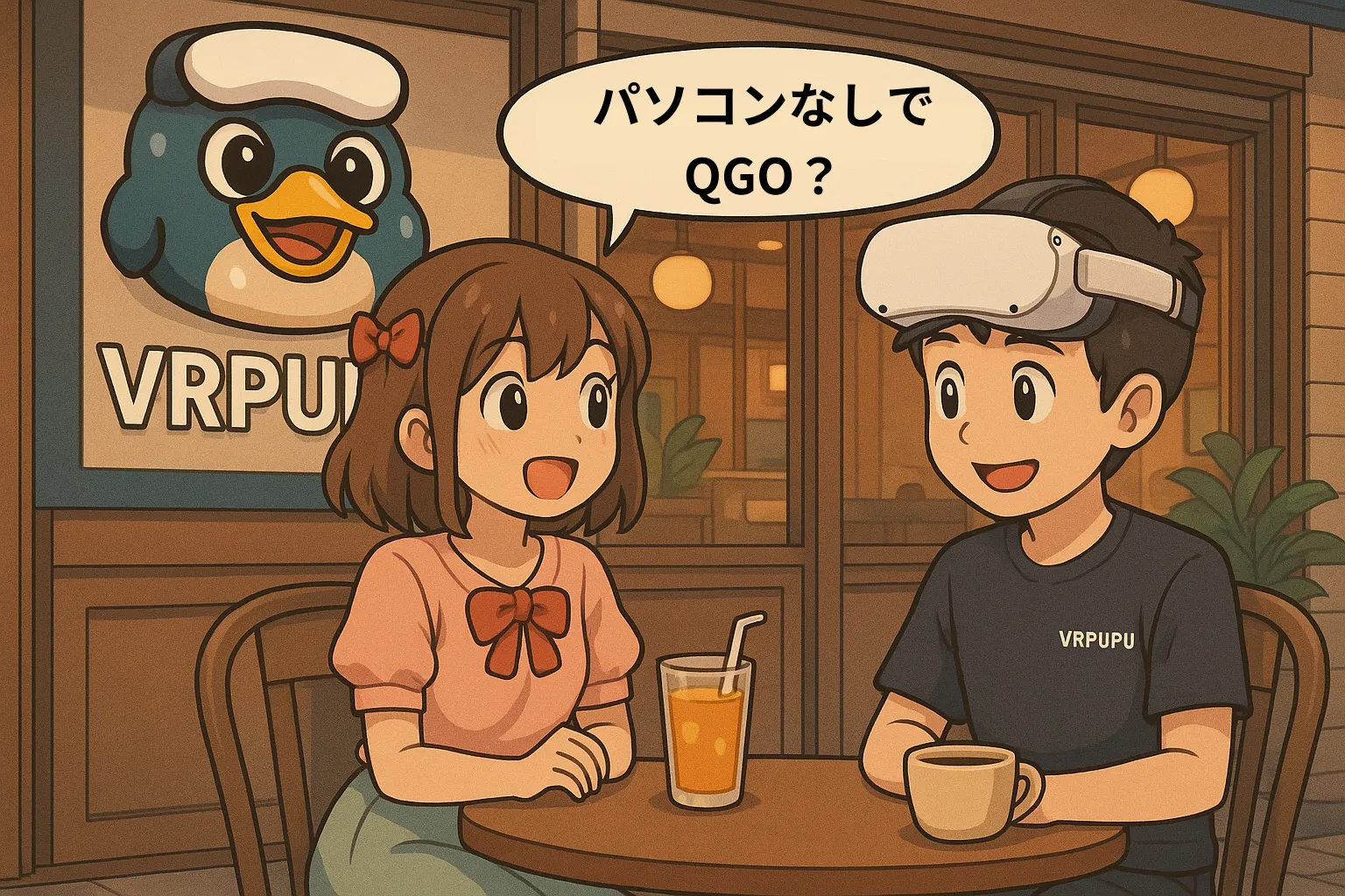 盟盟が驚いた顔で谷谷に聞く。 「えっ、パソコンなしでもQGOって入れられるの？」 二人はVRPUPUカフェの席で向かい合い、コーヒーを飲みながら話し込んでいた。 話題はちょうど、Mobile VR Station を使ったインストール方法へと移っていく——