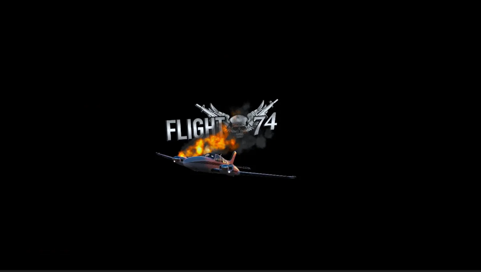 《Flight 74》タイトル画面、炎上墜落する飛行機とドクロの翼アイコンが描かれている。