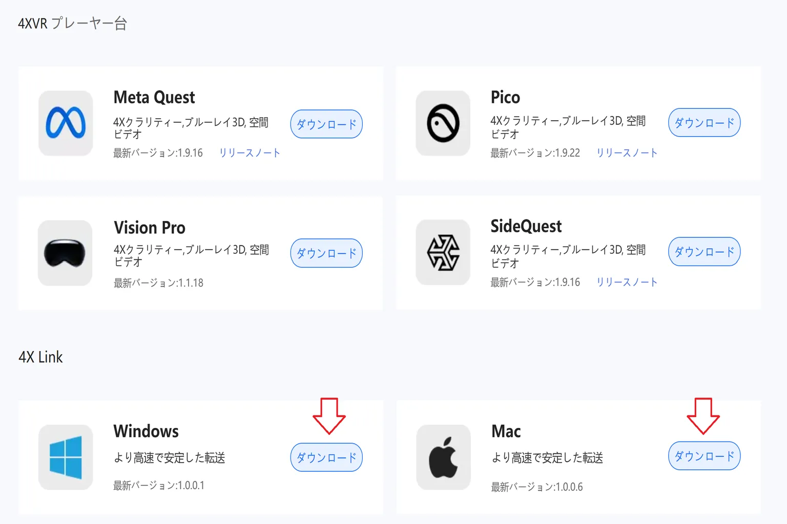 Meta Quest版4X Linkプレイヤーのダウンロードリンクは、SideQuest、Vision Pro、Windows、Macなど各バージョンに対応しているよ。
