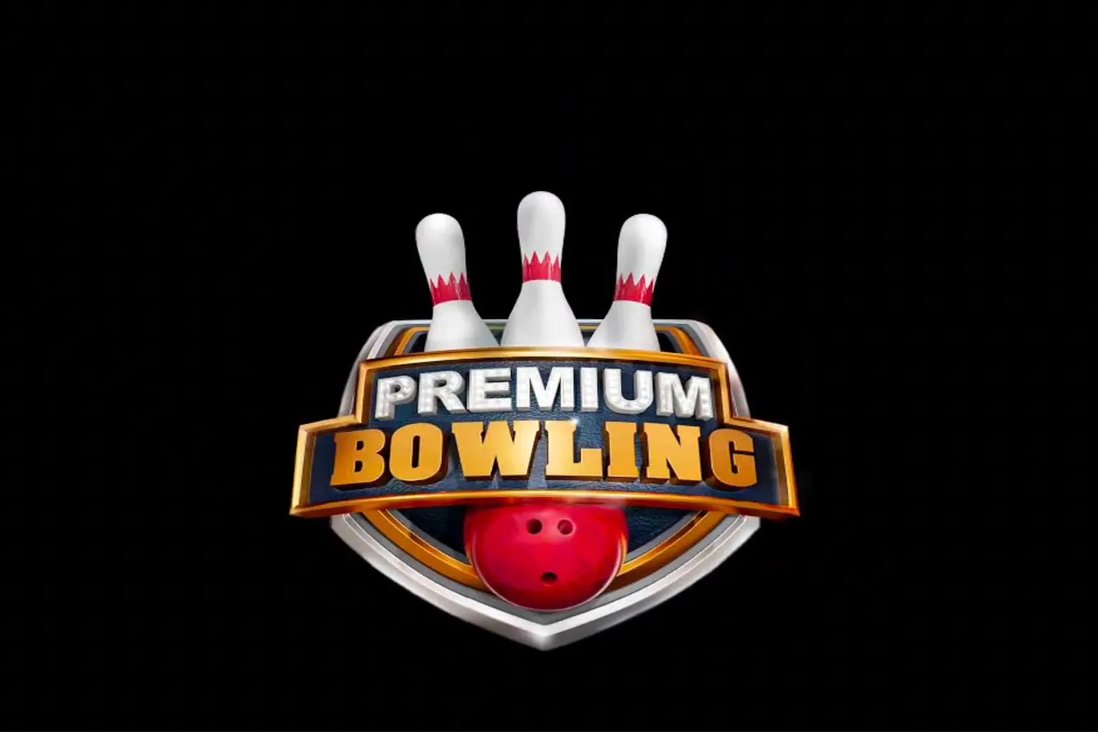Premium Bowling のメイン画面。 赤いボウリングボールと3本のピンで作られたゲームロゴが表示されてる。