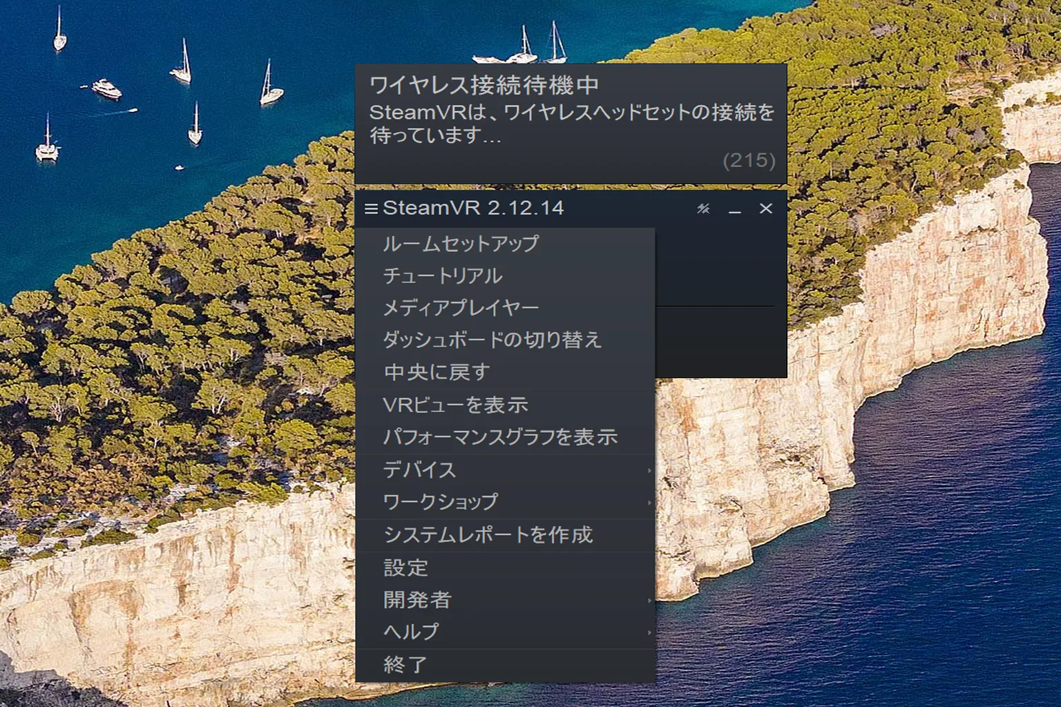 SteamVR のメイン画面で右クリックすると、ルーム設定、チュートリアル、デバイス、開発者オプションなどが入った機能メニューが開くよ。