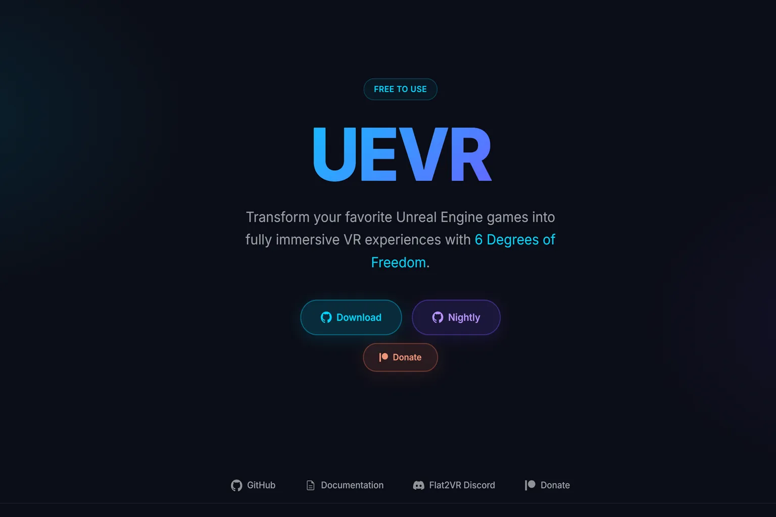 UEVR公式サイトのトップページ画面、Download・Nightly・DonateボタンとUnreal EngineゲームをVR化する紹介が表示されている