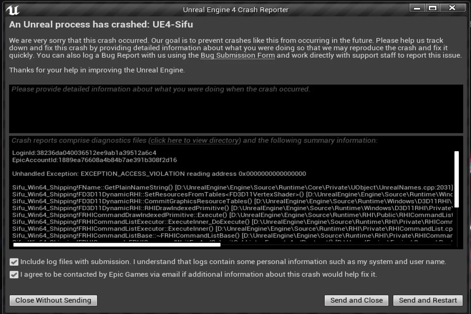 SifuをUEVRで起動した際、Unreal Engineのクラッシュが発生し、「Exception Access Violation」と表示されているエラー画面。