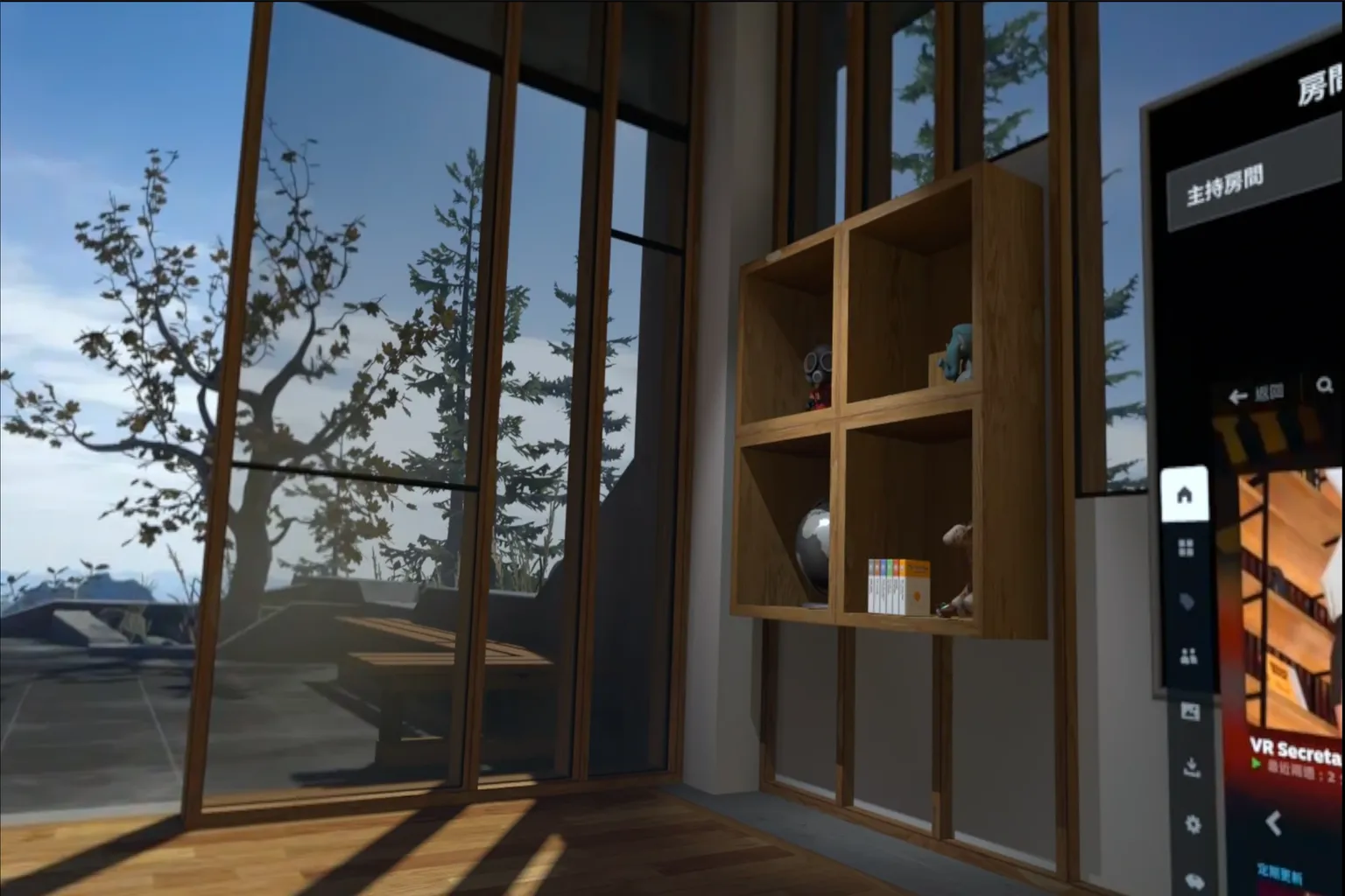 SteamVR のルーム環境では、バーチャル空間に木製のキャビネットが置かれ、外には美しい屋外の景色が広がっているよ。