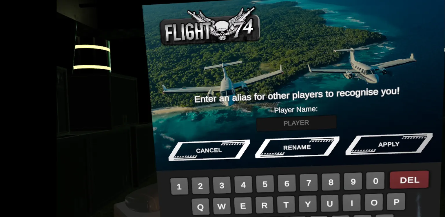 《Flight 74》マルチプレイ突入前、プレイヤー名を入力する画面。背景はシミュレーター風のコックピットと説明文。