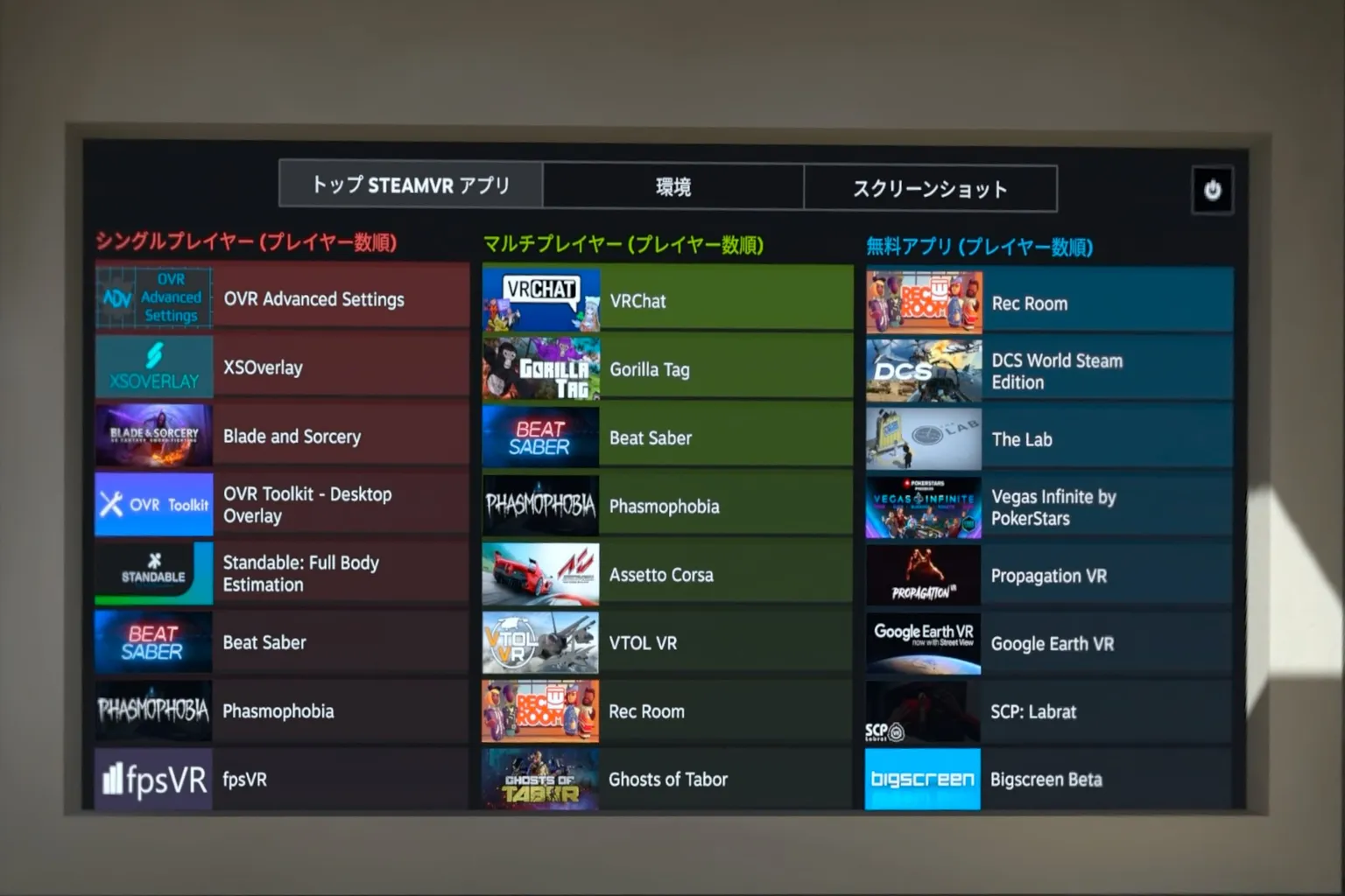 SteamVR の人気アプリ一覧は、シングルプレイヤー、マルチプレイヤー、無料アプリに分類されているよ。
