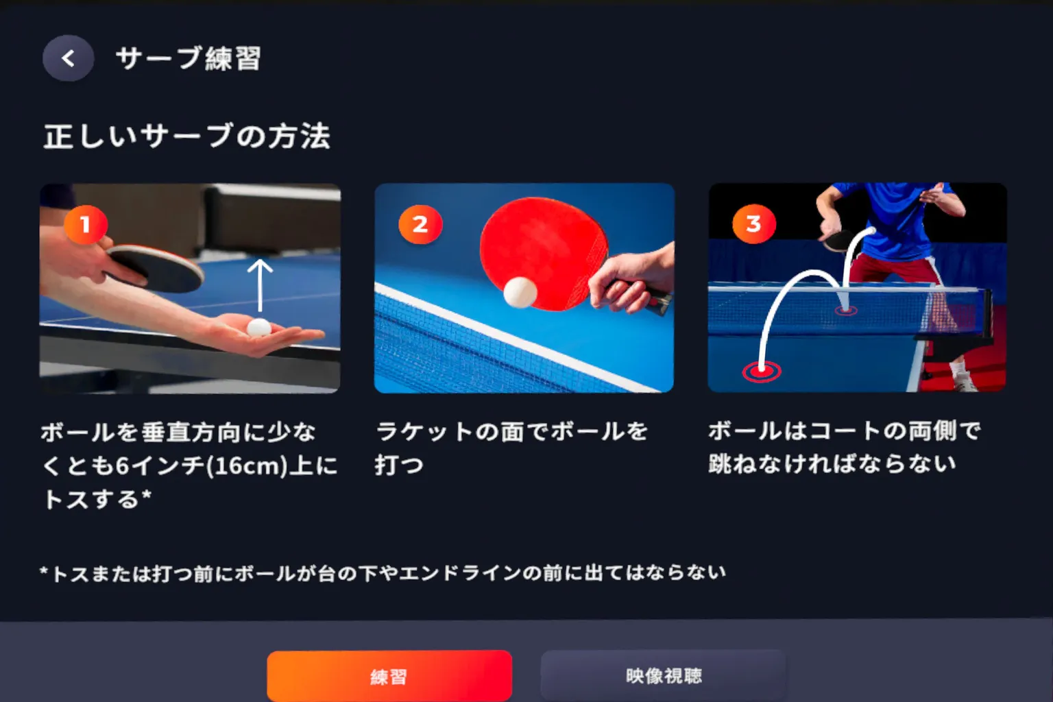 Eleven Table Tennis のサーブ練習画面では、ボールのトスの仕方、打ち方、そしてルールに沿った落下位置までしっかり教えてくれるぞ。