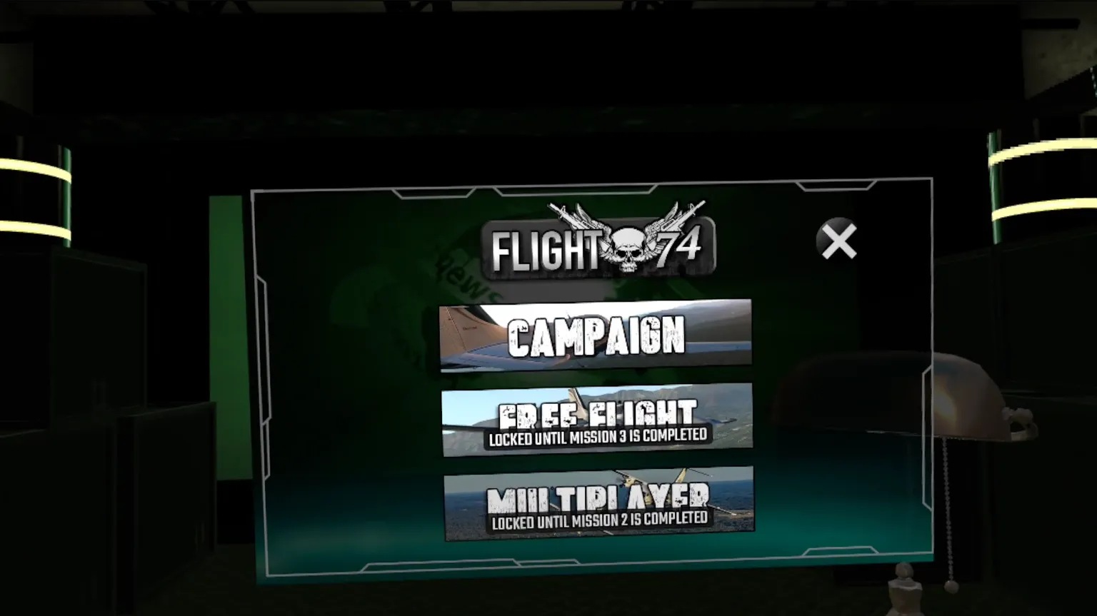 《Flight 74》メインメニュー、キャンペーン、フリーフライト、マルチプレイの各モードが並ぶ。