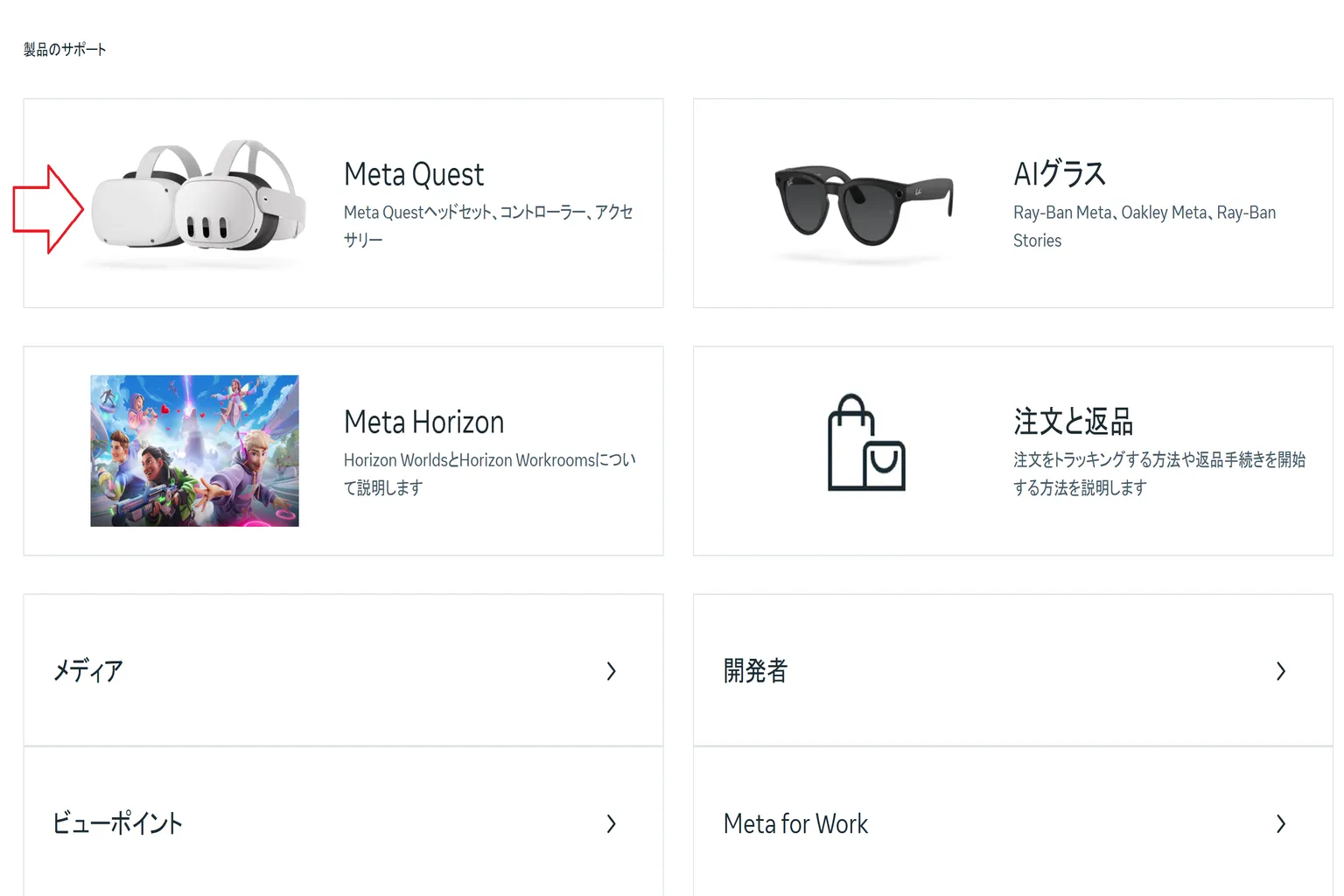 サポートの製品カテゴリからMeta Questデバイスを選んで、対応する手続きの流れに進もう。