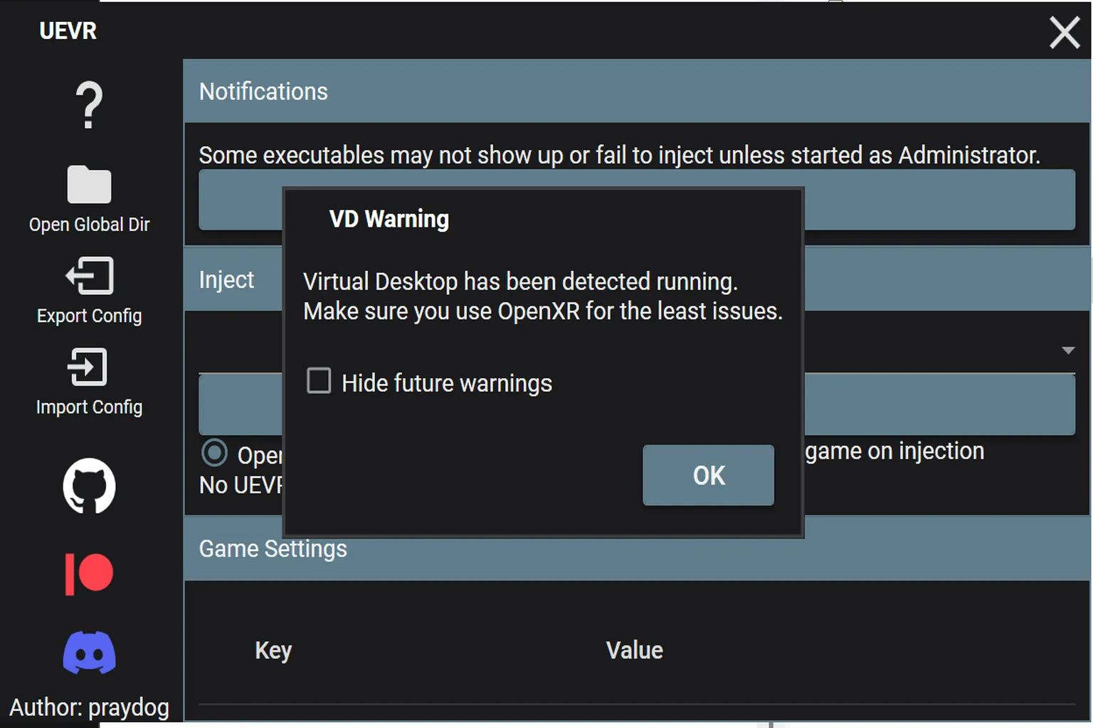 Virtual Desktopの実行が検出され、「問題を減らすためにOpenXRでの実行を推奨します」という内容のメッセージが表示されている。