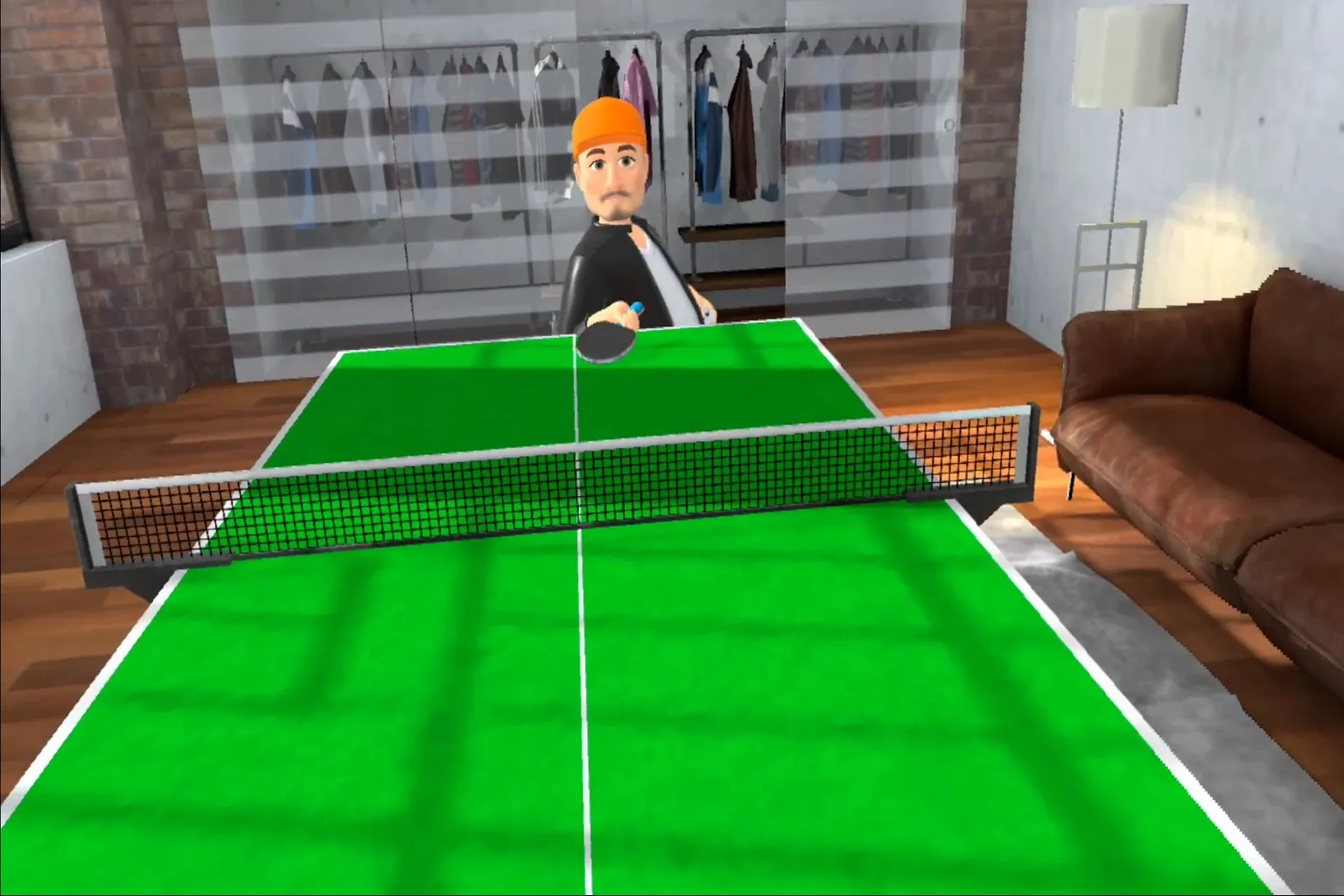 Eleven Table Tennis の本番対戦画面では、相手プレイヤーがバーチャルアバターとなって卓球台の横に立ち、勝負に挑んでくるんだ。