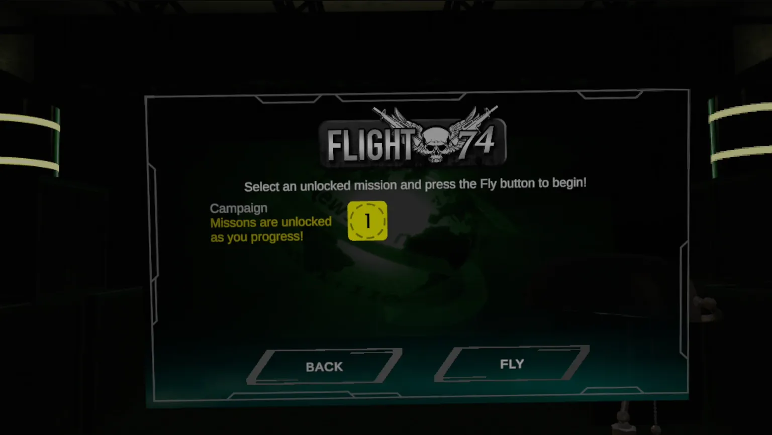 《Flight 74》ミッション選択画面、進行度に応じてステージが解放され、「Fly」を押して任務開始。