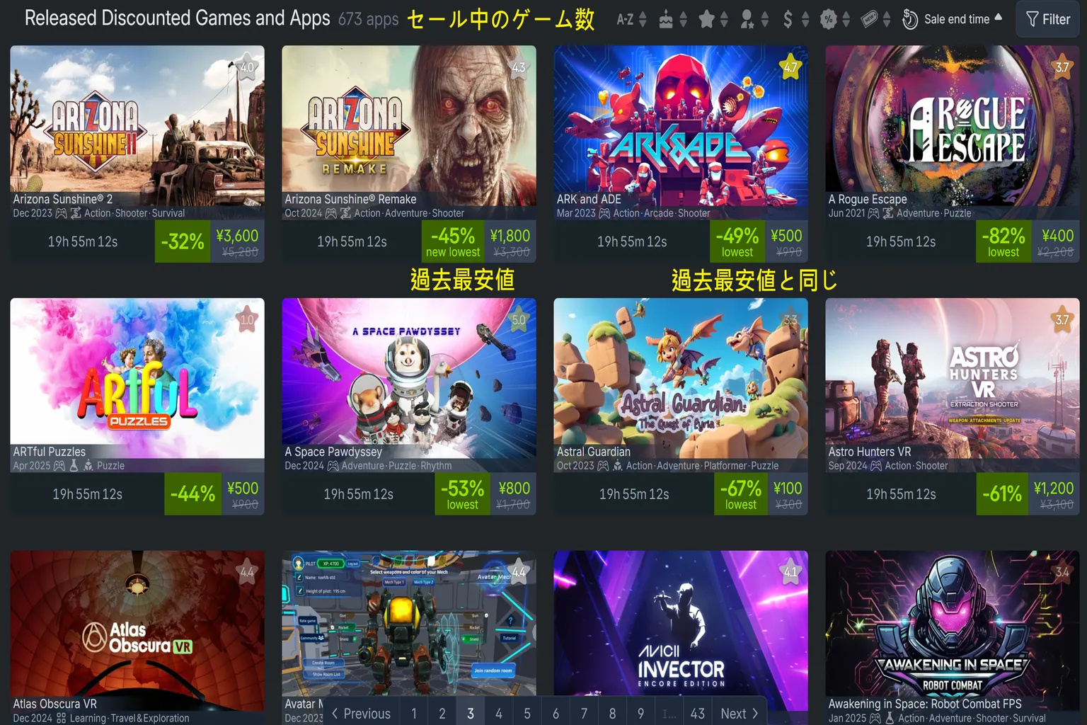 Questストアのセールコーナーには、UNDERDOGS や 2DLike Adventure など、いくつかのゲームが過去最安値を更新して並んでるよ。