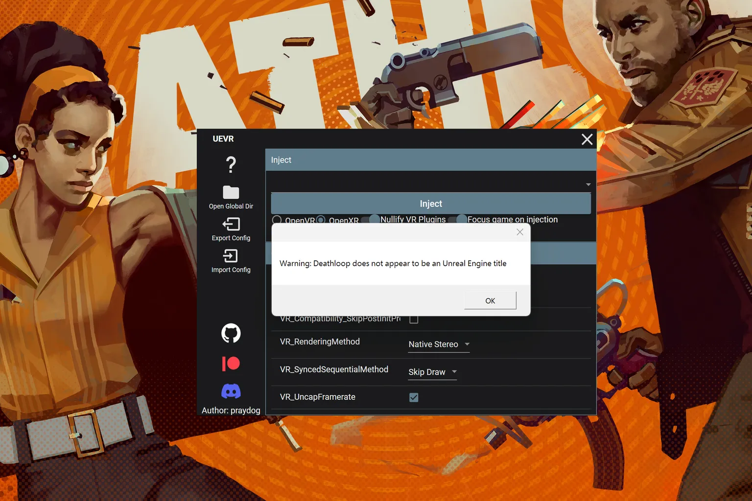 UEVRでUnreal Engine以外のゲーム、例えば「Deathloop」を注入しようとしたときに、「対応していません」といったエラーメッセージが表示される場合があります。 これは、UEVRがUnreal Engineゲーム専用のツールであるため、他のエンジンで作られたゲームには対応していないからです。