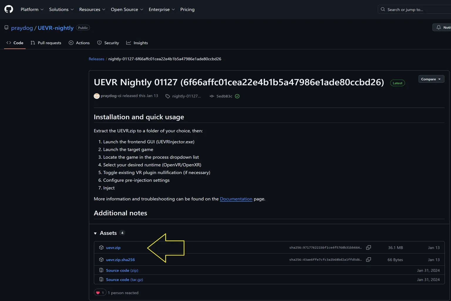 UEVRのGitHub Nightly版ページ、インストール手順とuevr.zipのダウンロード位置が表示されている