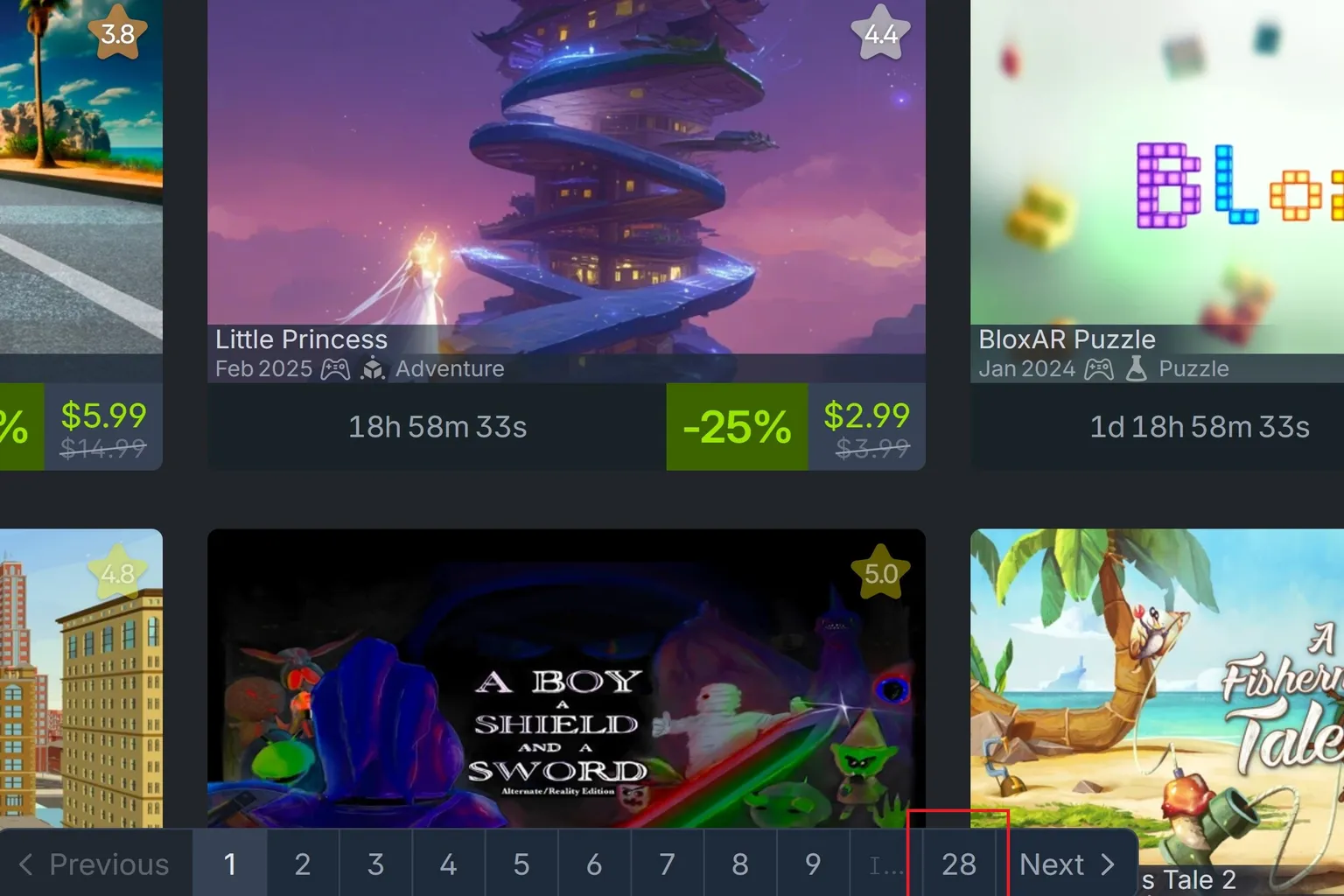 特価ページの前半にはストアのセール対象ゲームが並び、後半には「Tiny Archers」や「Toy Trains」など、作者クーポンコード付きのゲームが掲載されている。