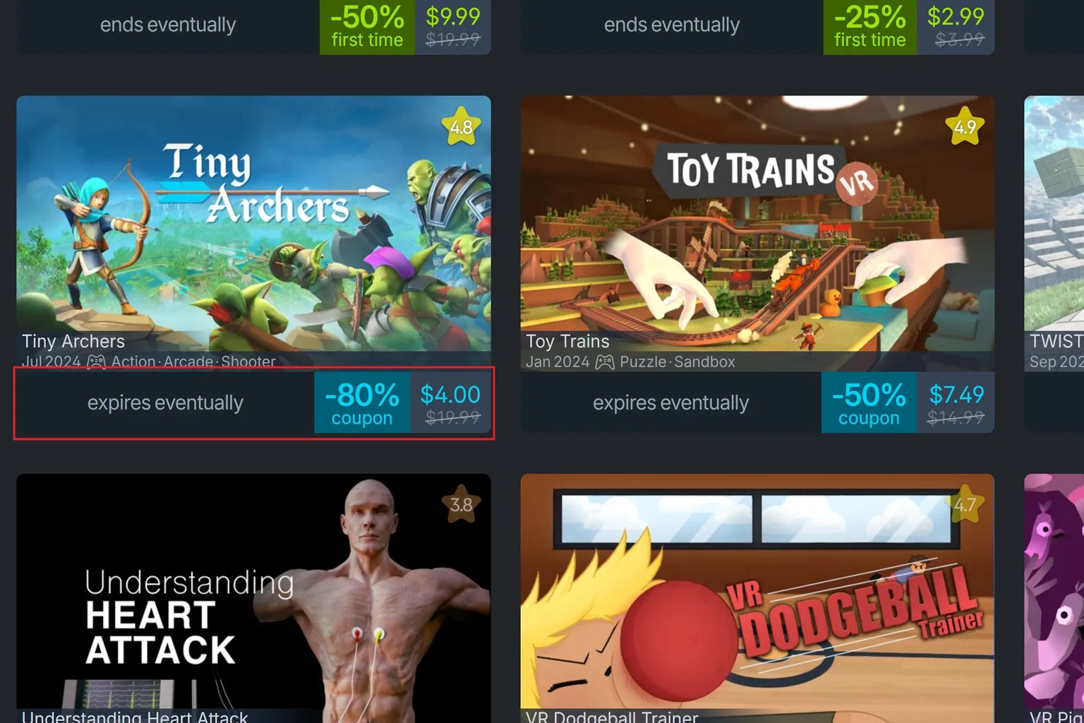 作者割引対象のゲーム「Tiny Archers」を選ぶと、-80% の割引と特価 $4.00 が表示されている。