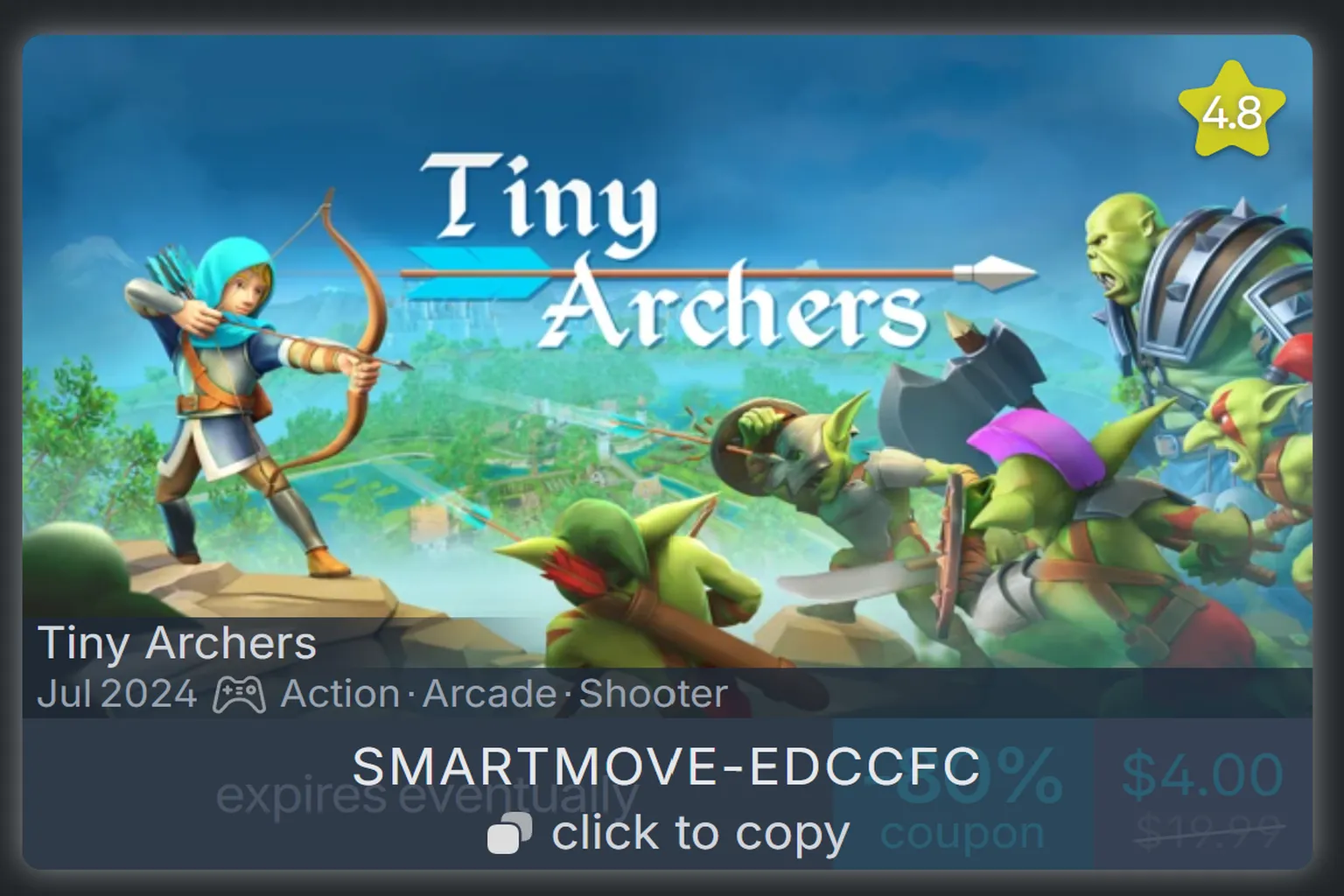Tiny Archers の画面に、クリックするとコピーできる作者クーポンコード SMARTMOVE-EDCCFC が表示されている。
