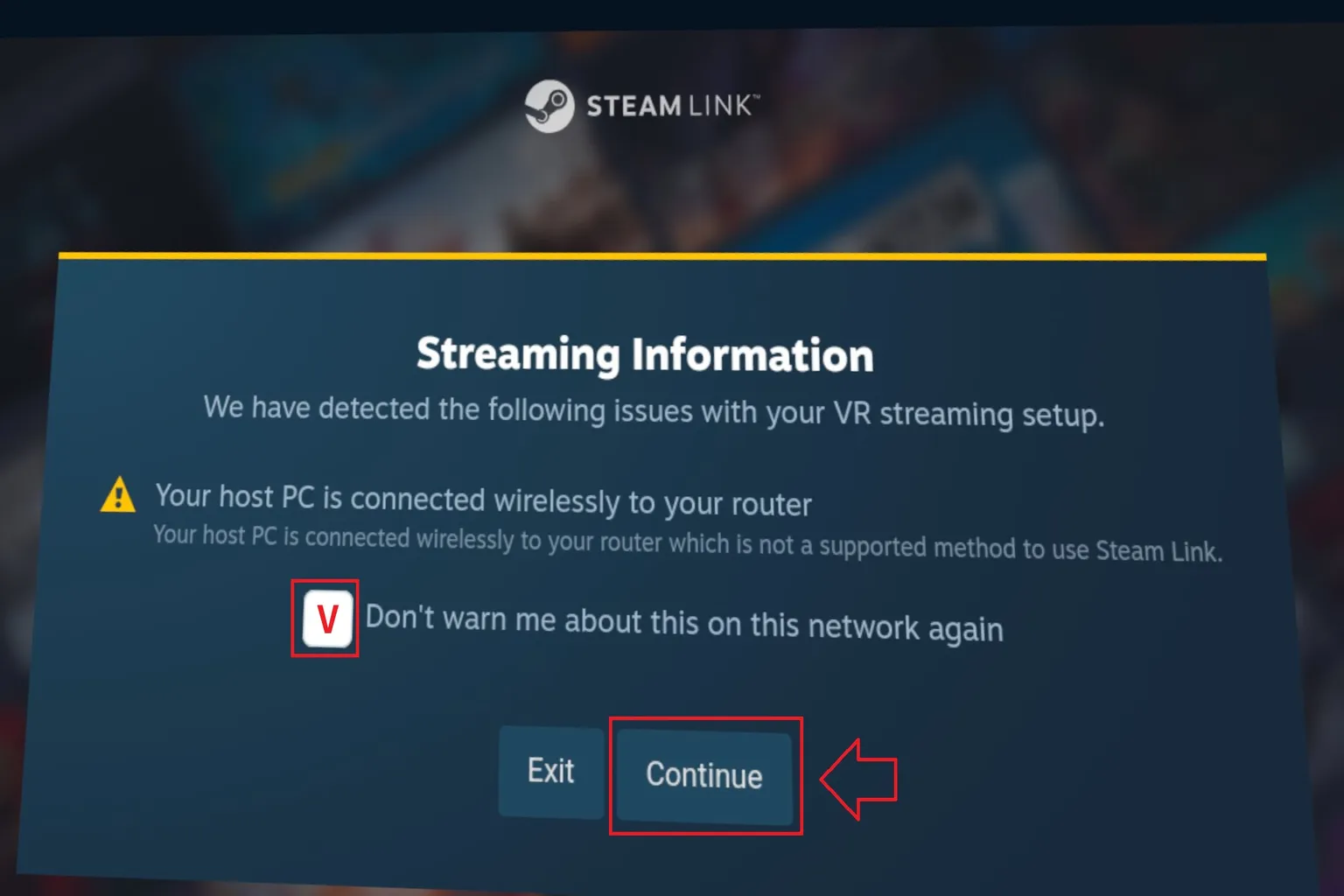 Steam Link から「PC が無線接続です」と警告が出るけど、ストリーミング品質向上のため有線接続がおすすめだよ。 でも「このネットワークで今後表示しない」にチェックして、そのまま続行もできるよ。
