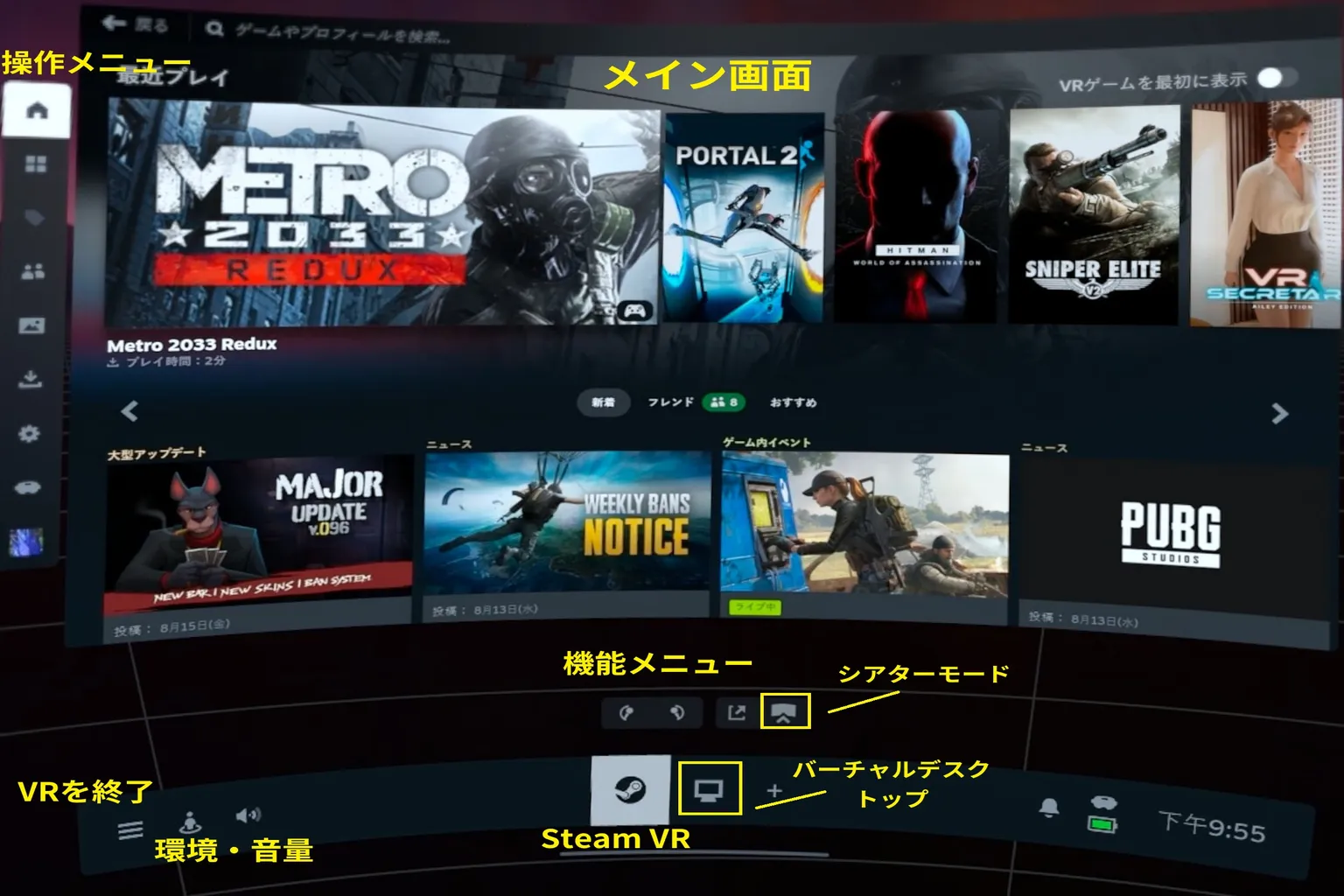 SteamVR ヘッドセット画面の下部にあるマルチタスク切替バーには、戻るボタン、Steam メニュー、ウィンドウ操作キーが含まれているよ。