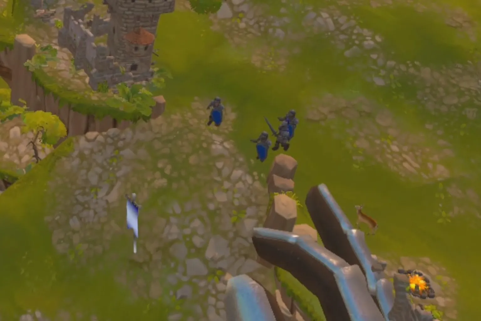 Townsmen VRでは戦闘になると、プレイヤーは高所から指示を出し、旗を配置して兵士を召集・突撃させるんだ。