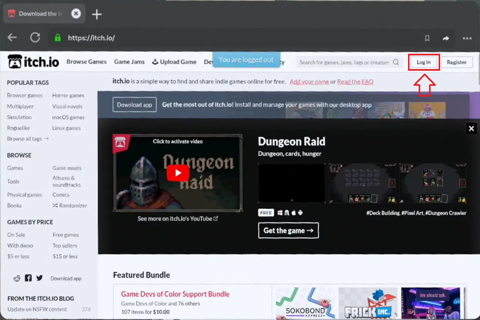 itch.ioのトップページ右上にあるLog inをクリックして、QGOを購入したアカウントにログインする。
そのまま自分のアカウントにログインしよう。