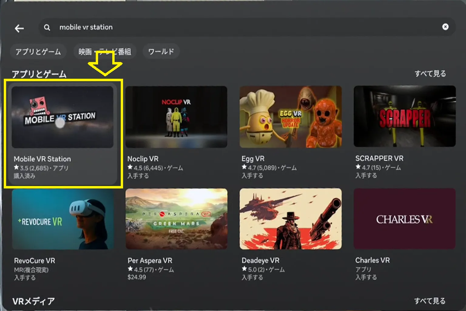 QuestストアでMobile VR Stationを検索してインストール準備をする