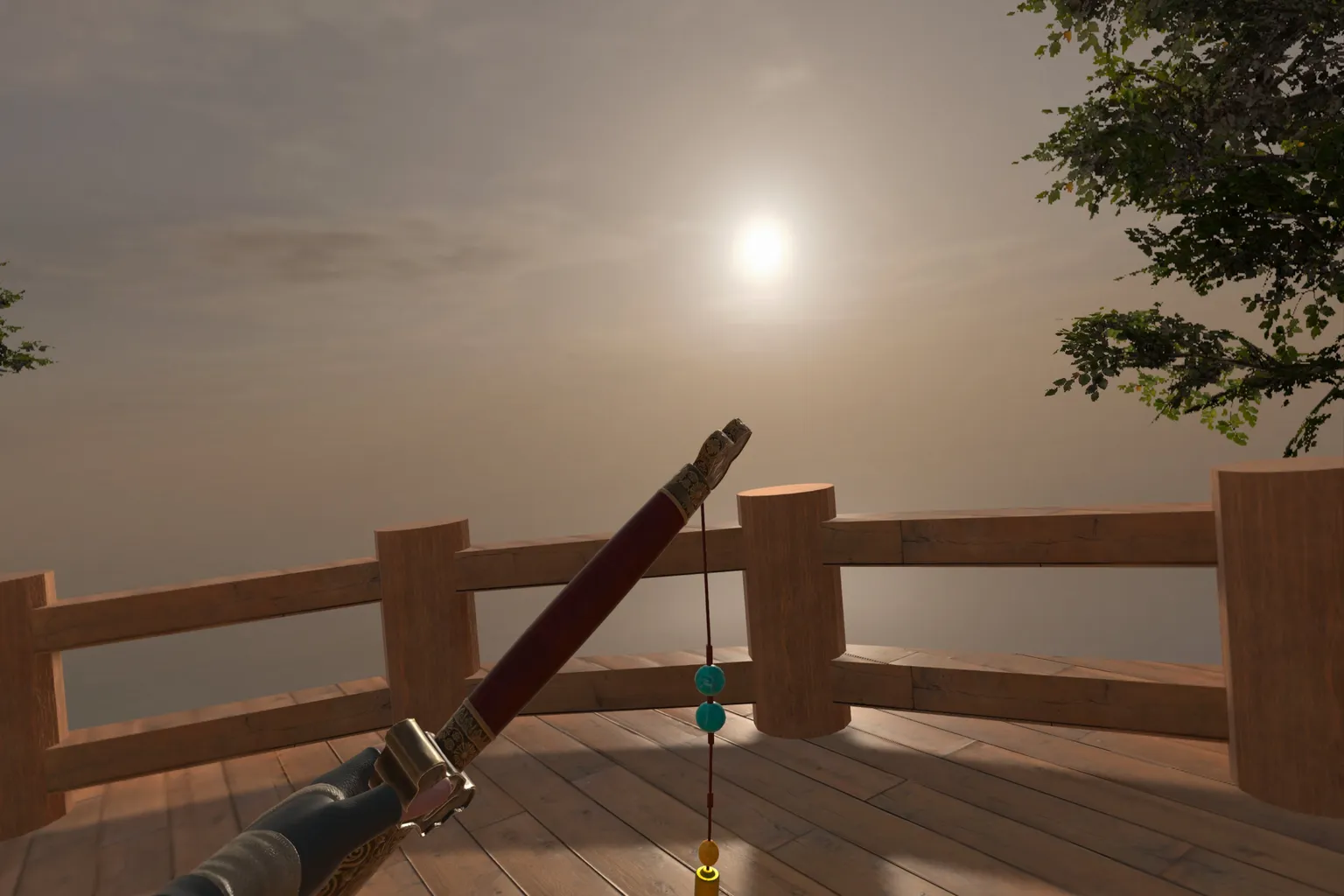 剣の修行VR、夕日を背に橋の端で剣を構えるシーン。鞘には装飾の玉が付いたベルトが揺れている