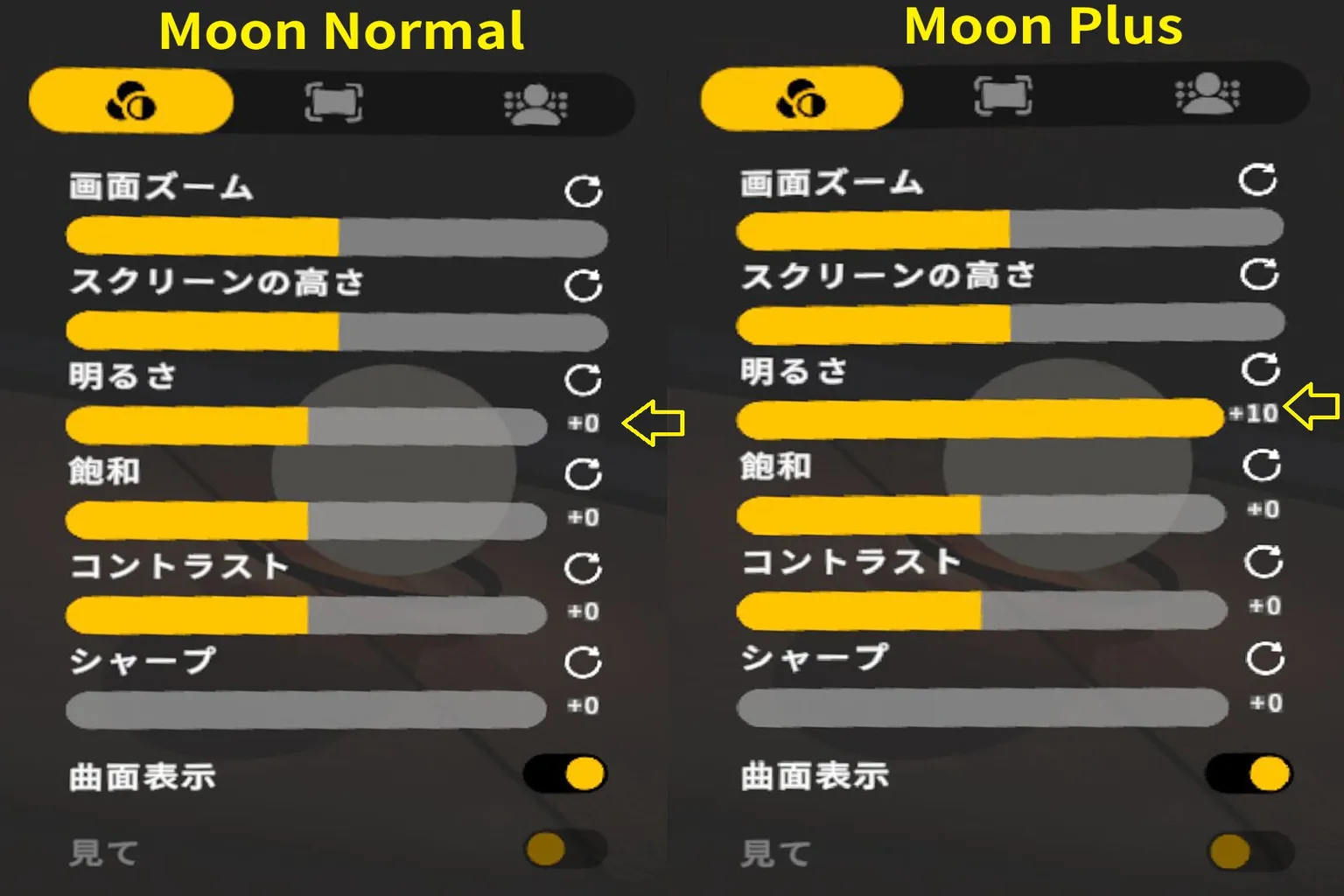 Moon VR Player の Normal モードと Plus モードの画質設定値を比較すると、明るさ・彩度・コントラストに明確な差があり、映像の印象が大きく変わっている。