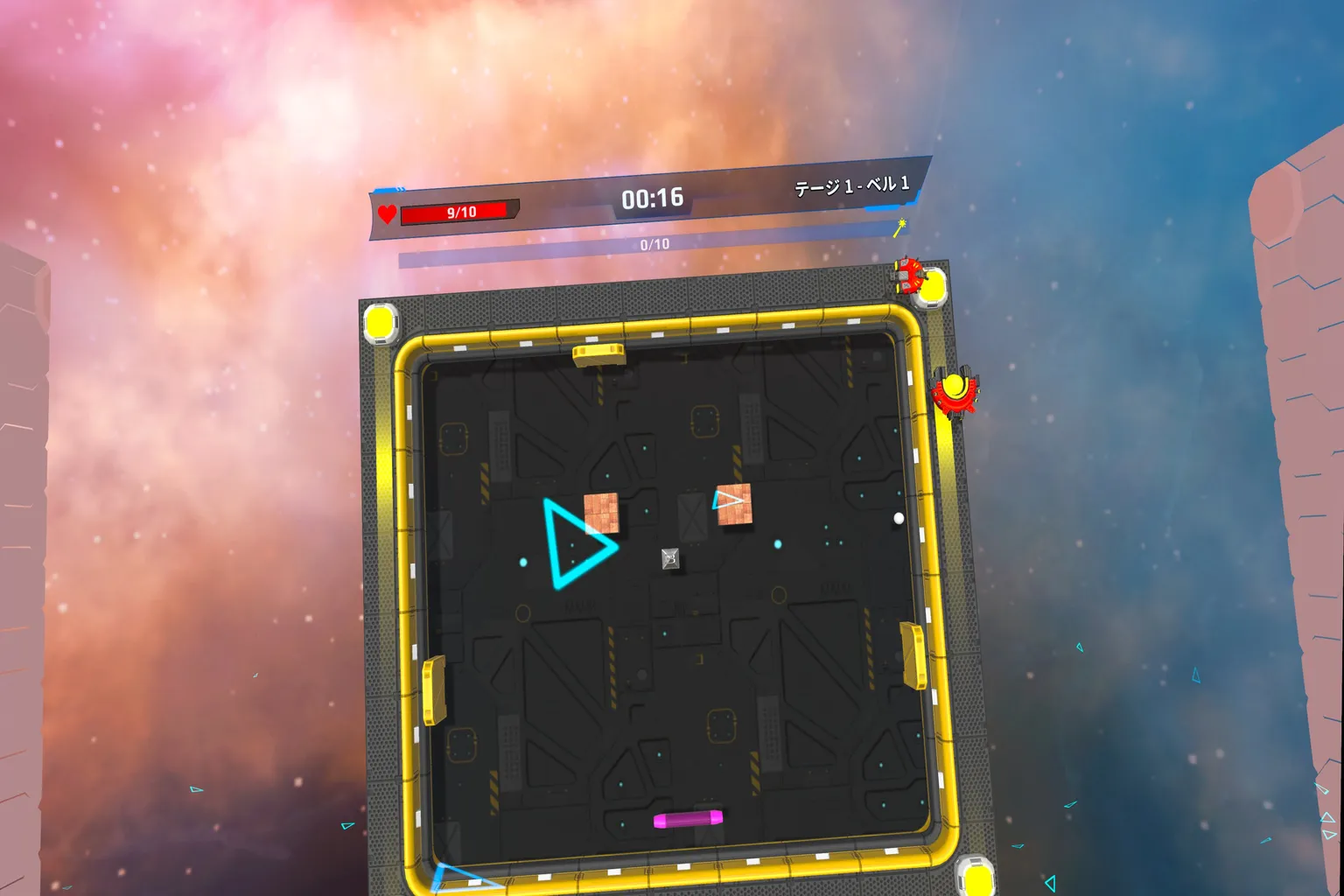Brick Smash VR の俯瞰視点。上から全体のステージを見渡し、バーとブロックの位置関係が分かる画面