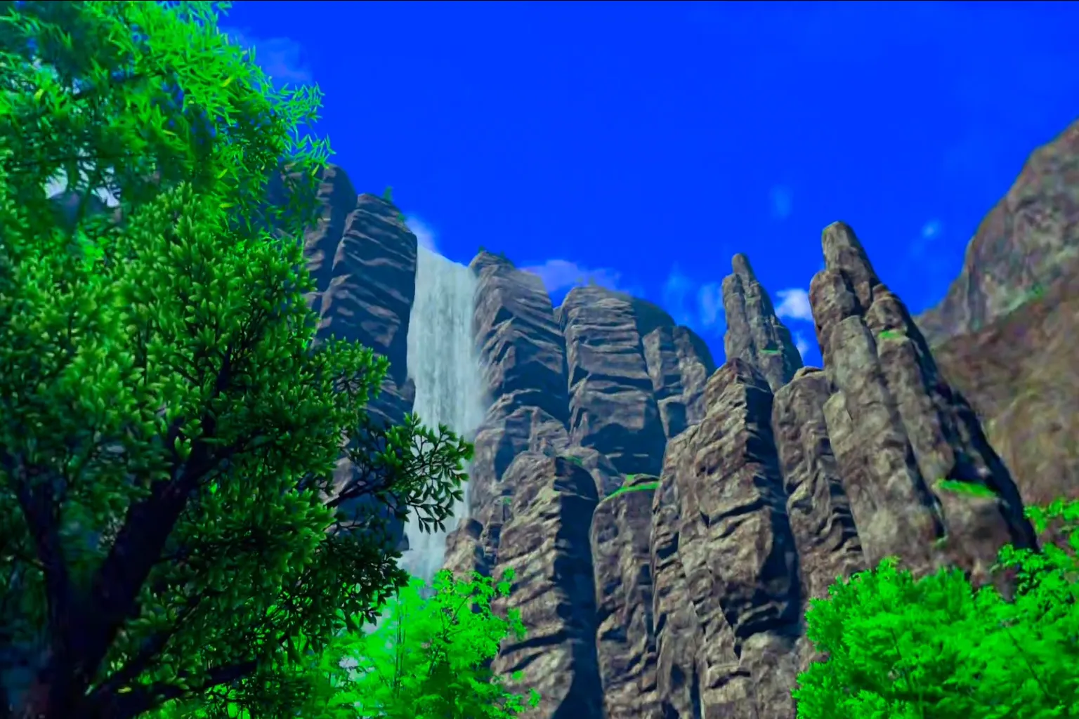 『ドラゴンボールZ カカロット』の野外の渓谷と滝のシーン。 UEVRで再現された、完全な3D環境の互換性を示している。