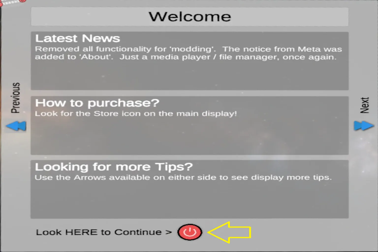 Mobile VR Station起動後 Welcome画面で赤いボタンを押して進む
